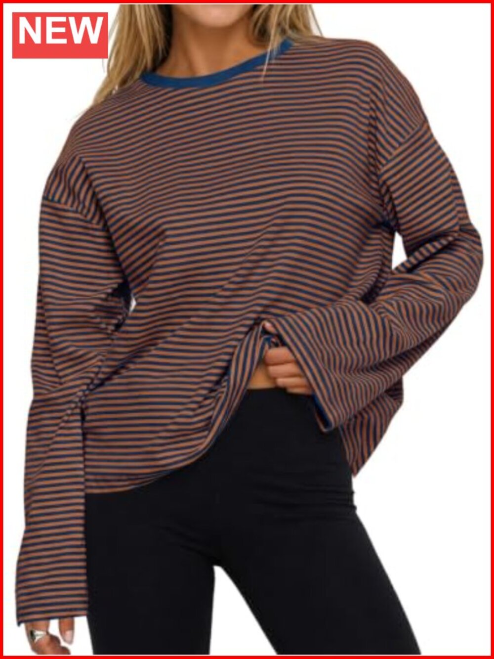 Womens Oversized Striped Long Sleeve Crew Neck Cotton Top Loose Fit